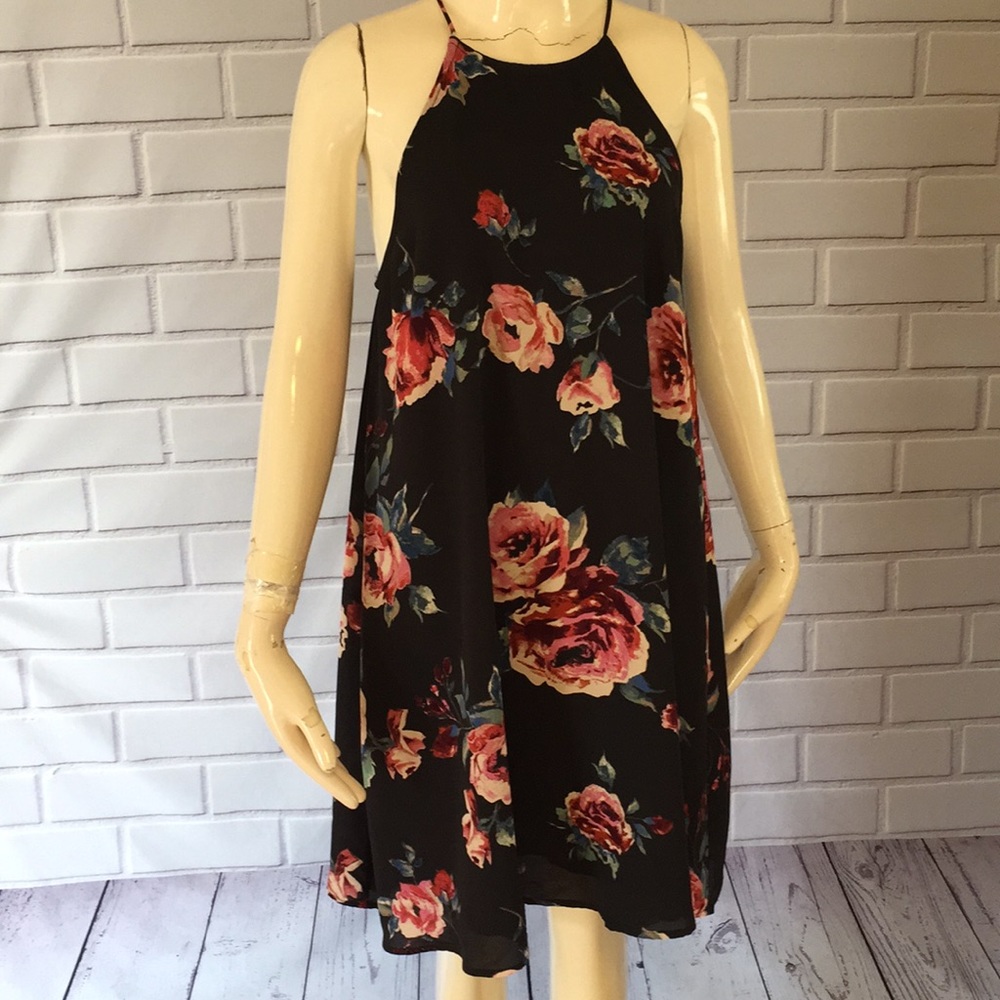 Anthropologie Black Floral Halter Swing Dress